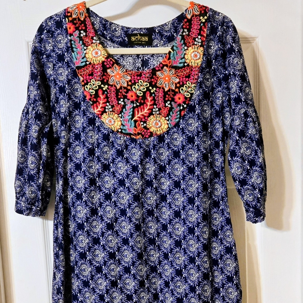 Indian Boho Dress with Embroidered Neckline